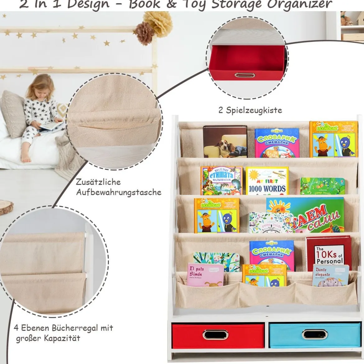 Kinder Bücherregal mit 5 Ablage & 2 Schubladen Kinderzimmerregal Aufbewahrungsregal