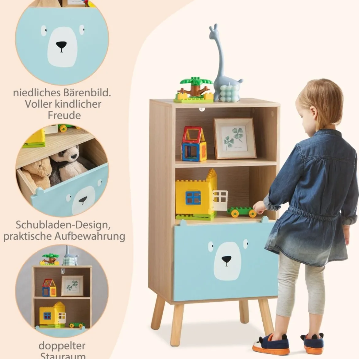 Kinder Bücherregal mit 3 Ebenen & Schublade & 2 Offenen Fächer Spielzeugregal Kinderregal Blau