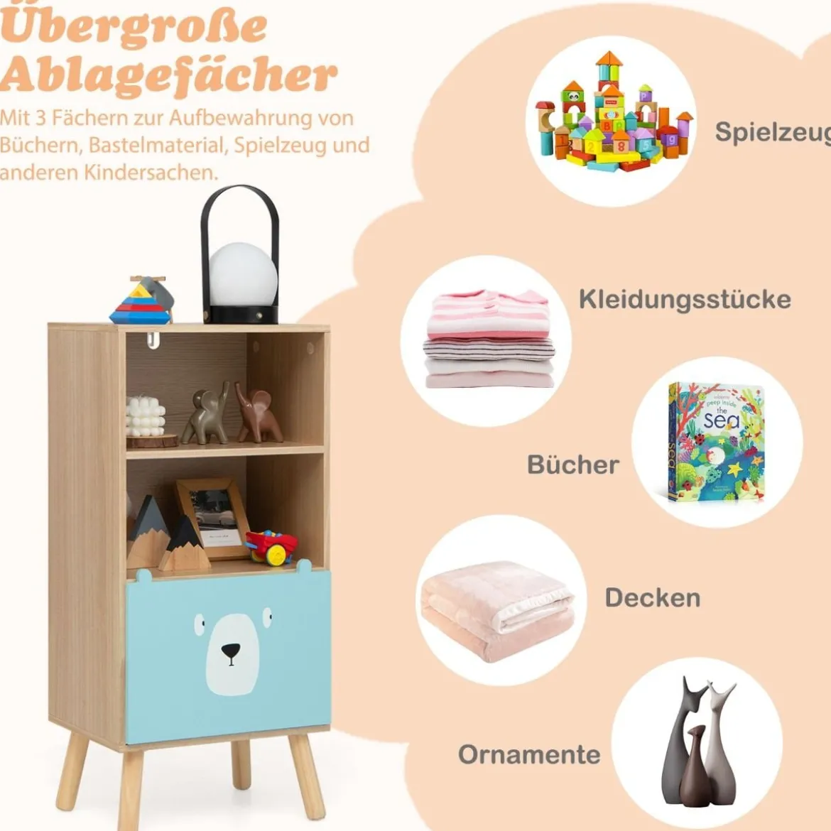 Kinder Bücherregal mit 3 Ebenen & Schublade & 2 Offenen Fächer Spielzeugregal Kinderregal Blau