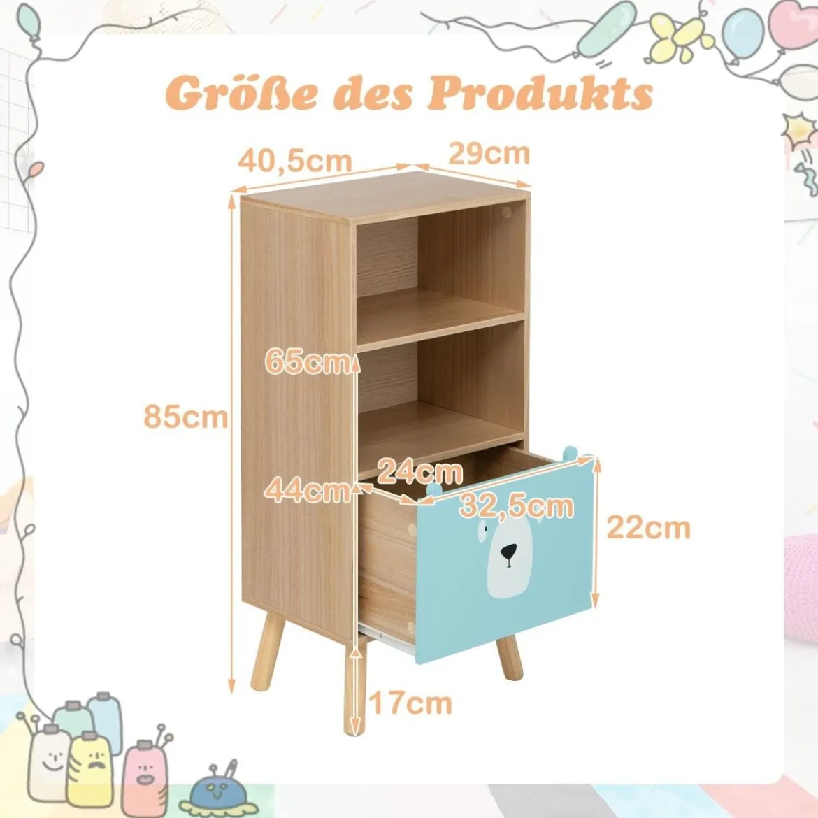 Kinder Bücherregal mit 3 Ebenen & Schublade & 2 Offenen Fächer Spielzeugregal Kinderregal Blau