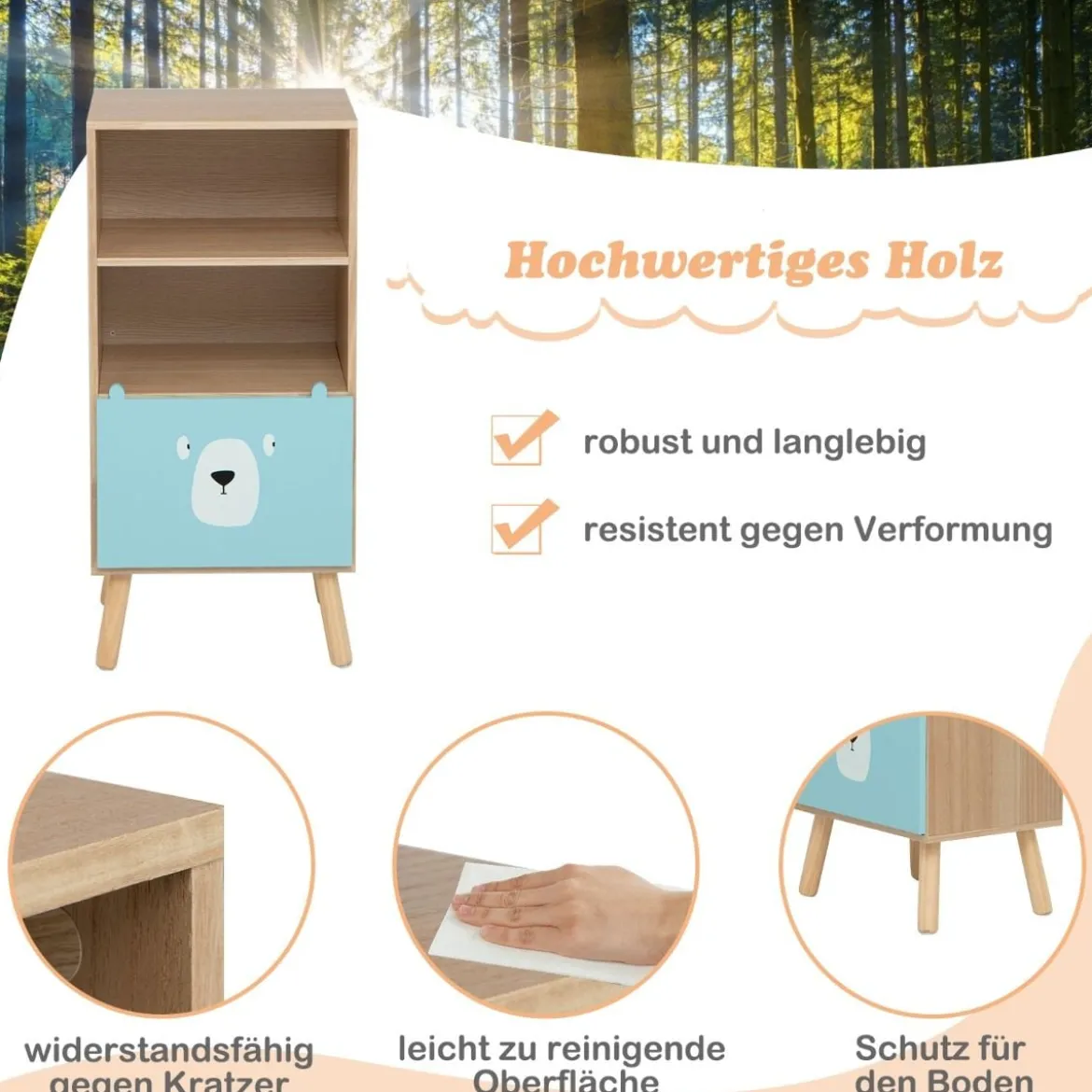 Kinder Bücherregal mit 3 Ebenen & Schublade & 2 Offenen Fächer Spielzeugregal Kinderregal Blau
