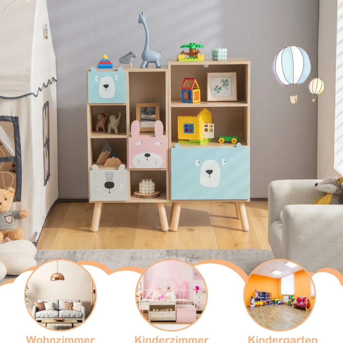 Kinder Bücherregal mit 3 Ebenen & Schublade & 2 Offenen Fächer Spielzeugregal Kinderregal Blau