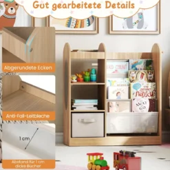 Kinder Bücherregal mit Ganzkörperspiegel Spielzeugaufbewahrungsorganizer mit 4-lagigen Sling-Regalen Natur