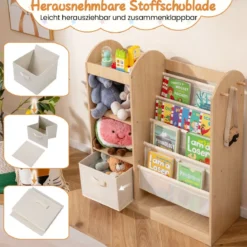 Kinder Bücherregal mit Ganzkörperspiegel Spielzeugaufbewahrungsorganizer mit 4-lagigen Sling-Regalen Natur