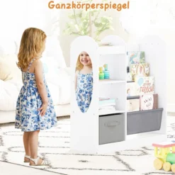 Kinder Bücherregal mit Ganzkörperspiegel Spielzeugaufbewahrungsorganizer mit 4-lagigen Sling-Regalen Weiß