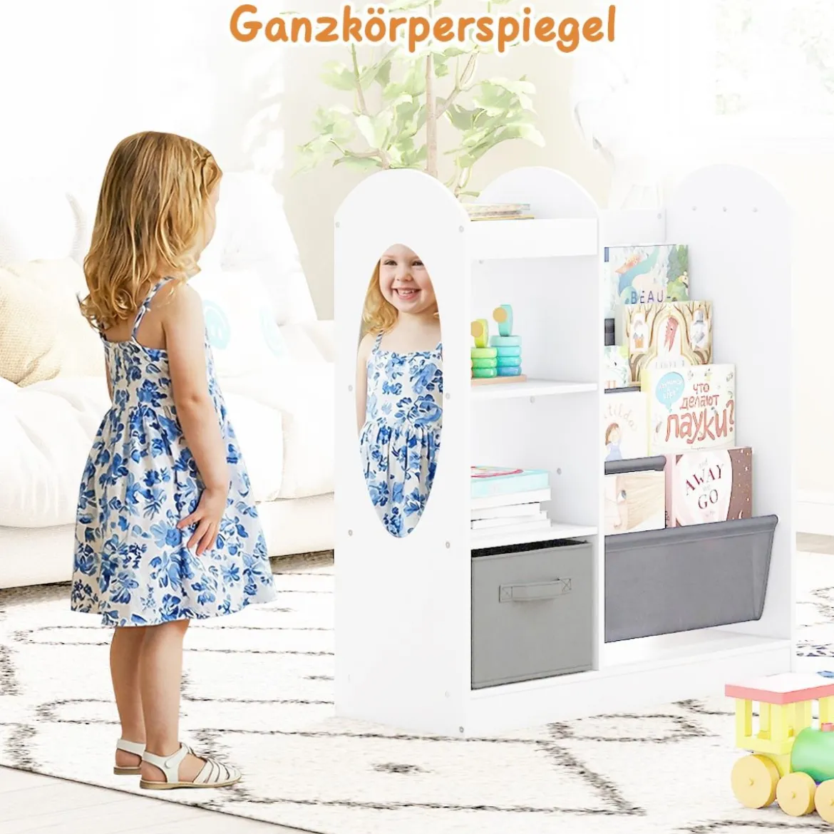 Kinder Bücherregal mit Ganzkörperspiegel Spielzeugaufbewahrungsorganizer mit 4-lagigen Sling-Regalen Weiß