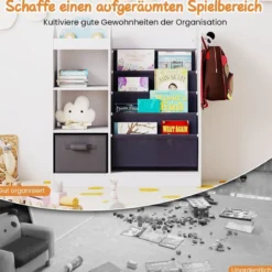 Kinder Bücherregal mit Ganzkörperspiegel Spielzeugaufbewahrungsorganizer mit 4-lagigen Sling-Regalen Weiß
