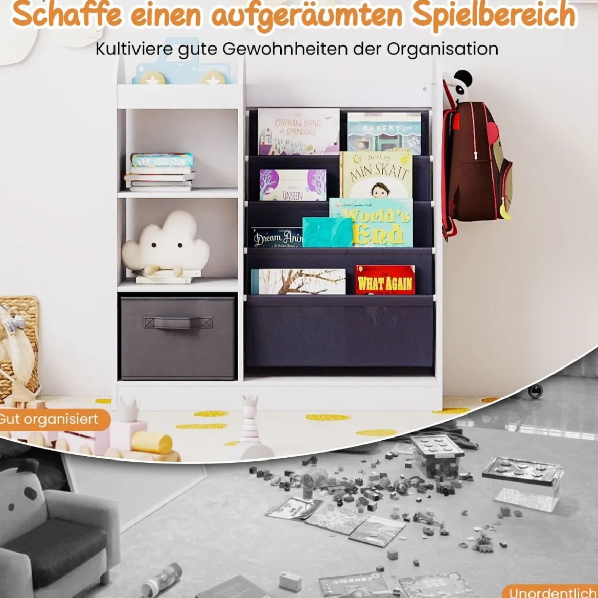 Kinder Bücherregal mit Ganzkörperspiegel Spielzeugaufbewahrungsorganizer mit 4-lagigen Sling-Regalen Weiß