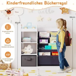 Kinder Bücherregal mit Ganzkörperspiegel Spielzeugaufbewahrungsorganizer mit 4-lagigen Sling-Regalen Weiß