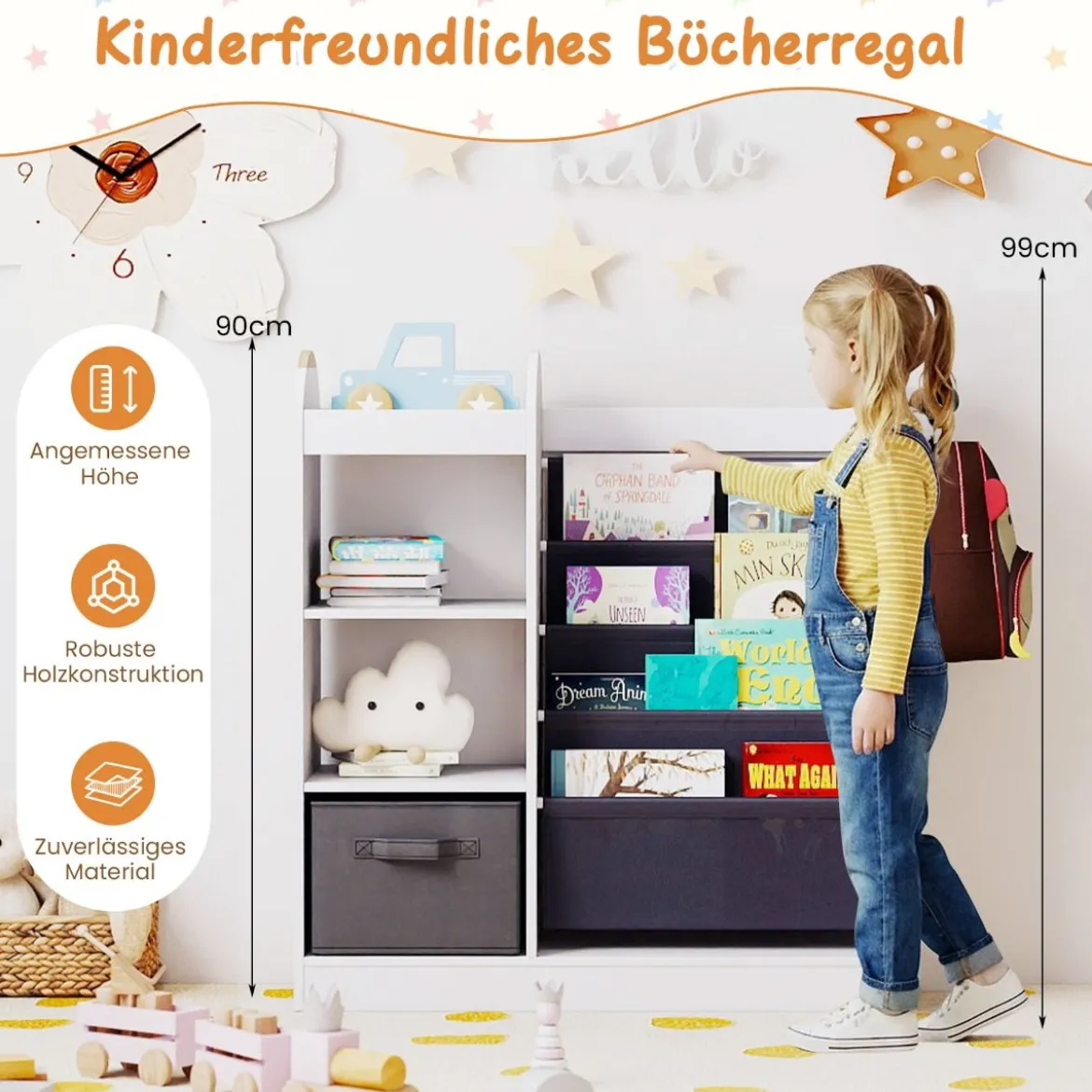 Kinder Bücherregal mit Ganzkörperspiegel Spielzeugaufbewahrungsorganizer mit 4-lagigen Sling-Regalen Weiß