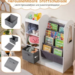 Kinder Bücherregal mit Ganzkörperspiegel Spielzeugaufbewahrungsorganizer mit 4-lagigen Sling-Regalen Weiß