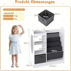 Kinder Bücherregal mit Ganzkörperspiegel Spielzeugaufbewahrungsorganizer mit 4-lagigen Sling-Regalen Weiß