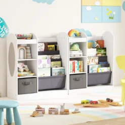 Kinder Bücherregal mit Ganzkörperspiegel Spielzeugaufbewahrungsorganizer mit 4-lagigen Sling-Regalen Weiß