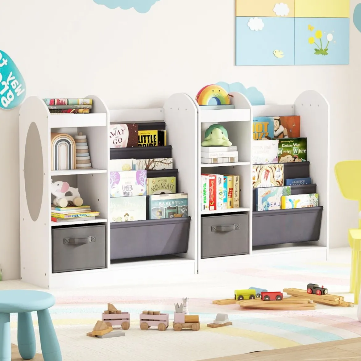 Kinder Bücherregal mit Ganzkörperspiegel Spielzeugaufbewahrungsorganizer mit 4-lagigen Sling-Regalen Weiß