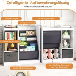 Kinder Bücherregal mit Ganzkörperspiegel Spielzeugaufbewahrungsorganizer mit 4-lagigen Sling-Regalen Weiß