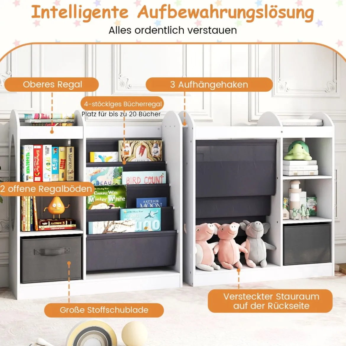 Kinder Bücherregal mit Ganzkörperspiegel Spielzeugaufbewahrungsorganizer mit 4-lagigen Sling-Regalen Weiß