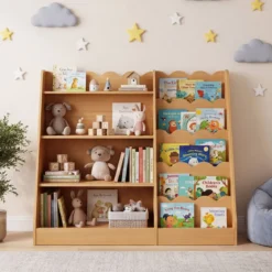 Kinder Bücherregal mit 4 Offenen Ablagen & Versteckem Ablagefach Holz Kinderregal Natur