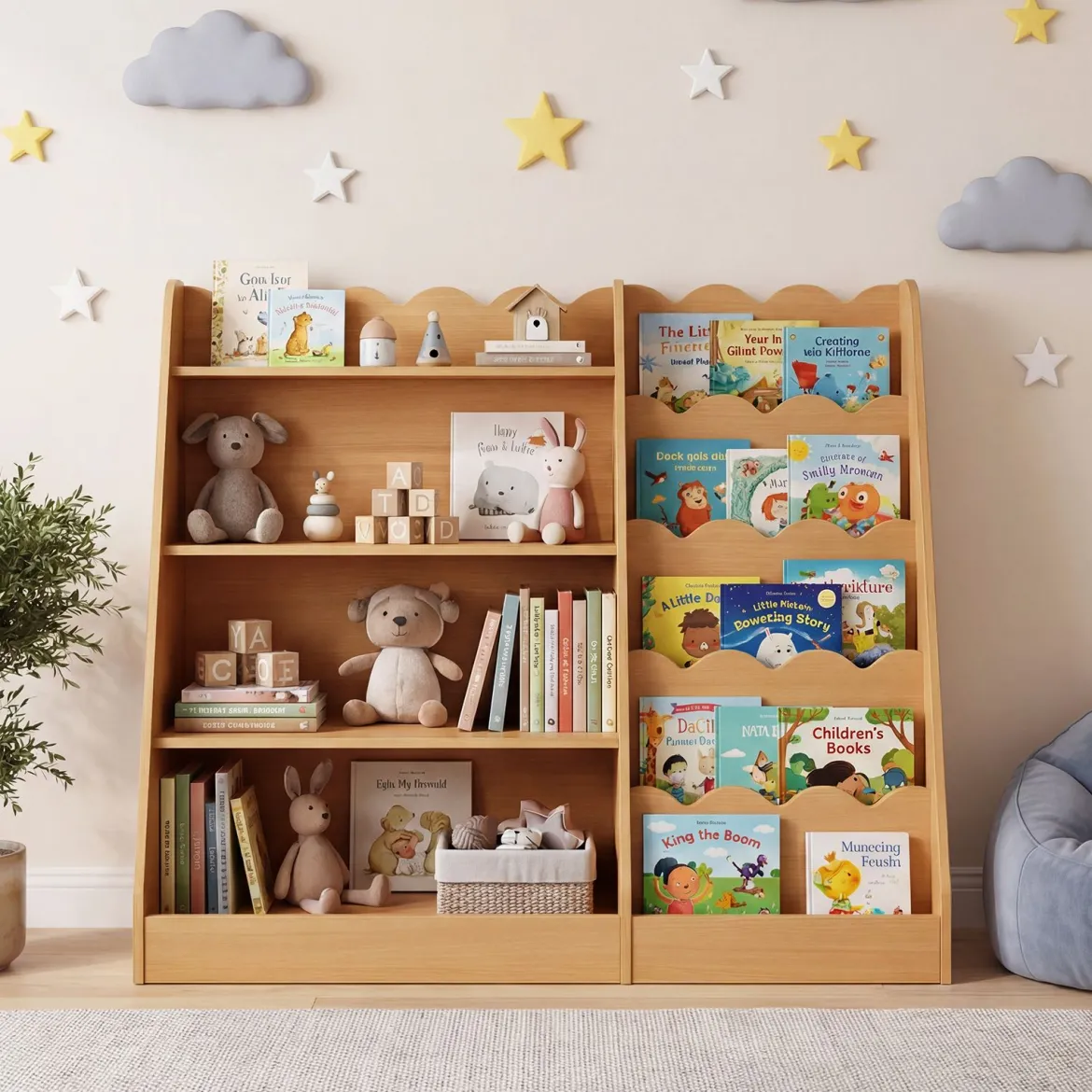Kinder Bücherregal mit 4 Offenen Ablagen & Versteckem Ablagefach Holz Kinderregal Natur