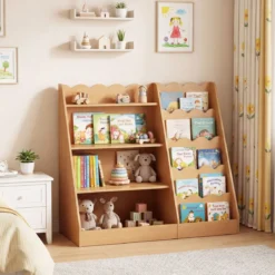 Kinder Bücherregal mit 4 Offenen Ablagen & Versteckem Ablagefach Holz Kinderregal Natur