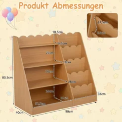 Kinder Bücherregal mit 4 Offenen Ablagen & Versteckem Ablagefach Holz Kinderregal Natur
