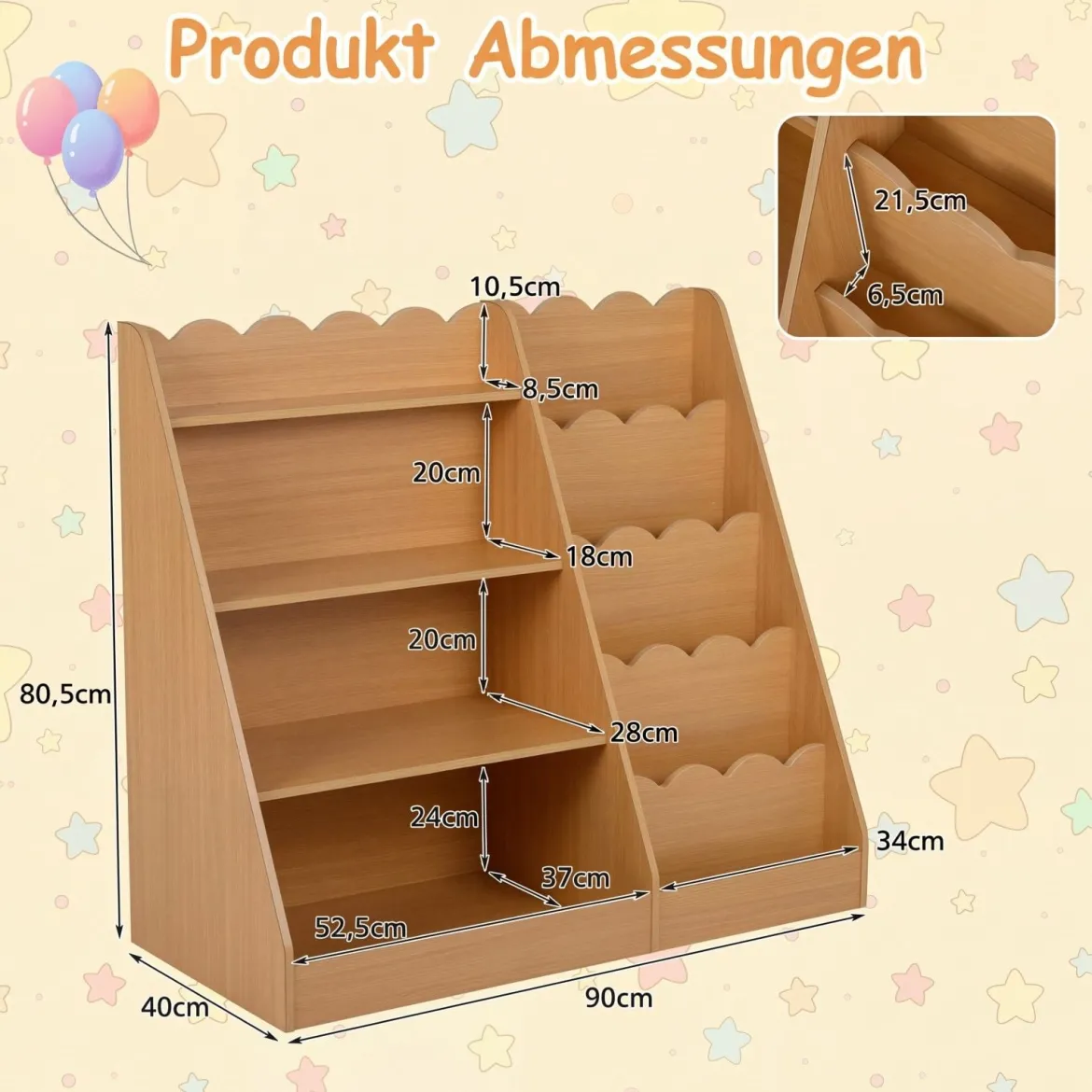 Kinder Bücherregal mit 4 Offenen Ablagen & Versteckem Ablagefach Holz Kinderregal Natur