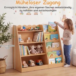 Kinder Bücherregal mit 4 Offenen Ablagen & Versteckem Ablagefach Holz Kinderregal Natur