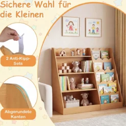 Kinder Bücherregal mit 4 Offenen Ablagen & Versteckem Ablagefach Holz Kinderregal Natur