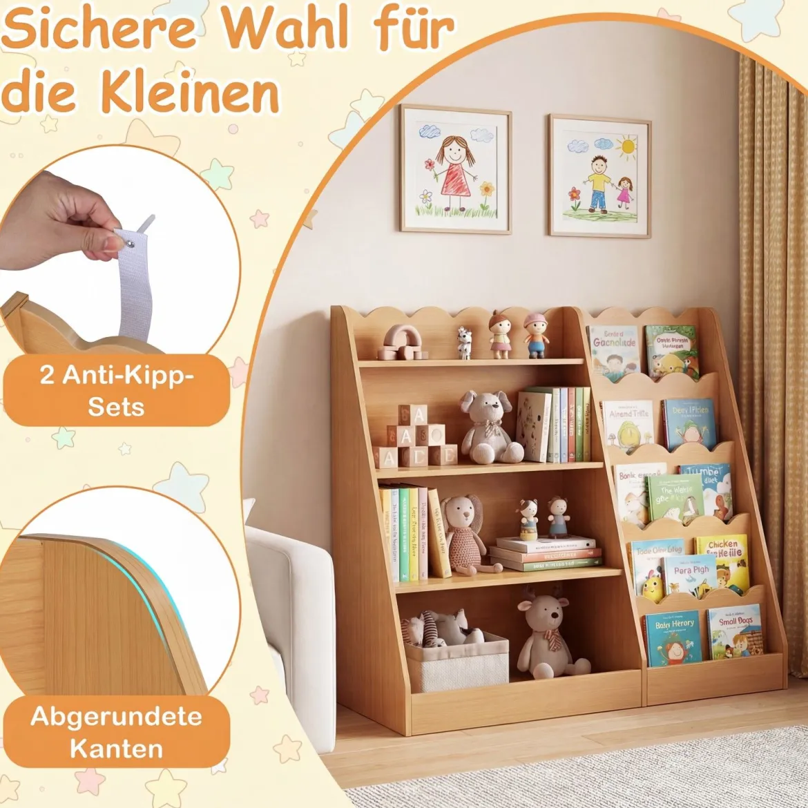 Kinder Bücherregal mit 4 Offenen Ablagen & Versteckem Ablagefach Holz Kinderregal Natur