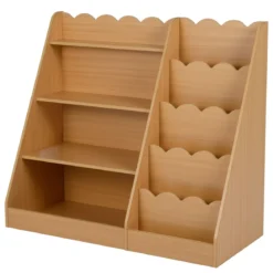 Kinder Bücherregal mit 4 Offenen Ablagen & Versteckem Ablagefach Holz Kinderregal Natur