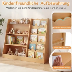 Kinder Bücherregal mit 4 Offenen Ablagen & Versteckem Ablagefach Holz Kinderregal Natur