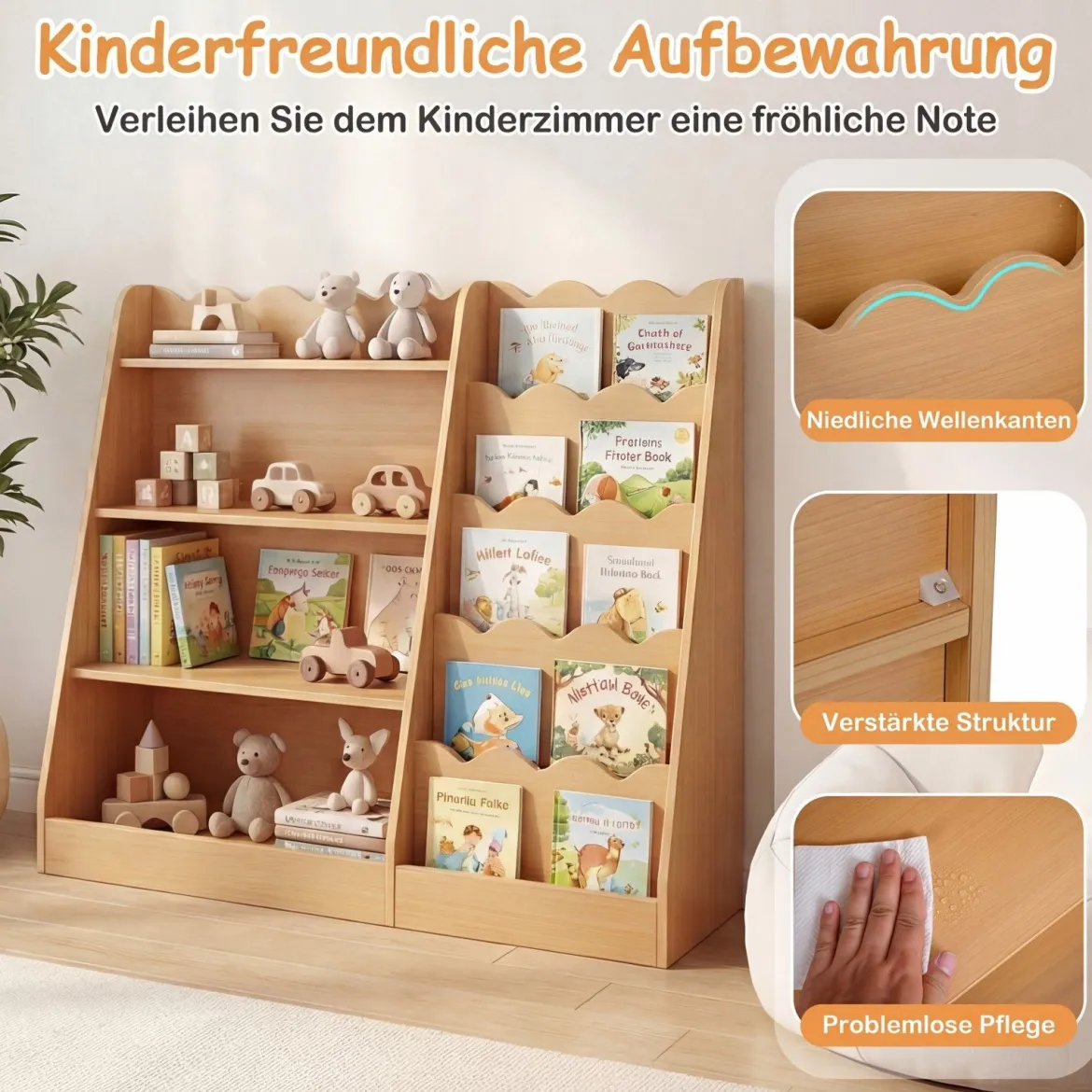 Kinder Bücherregal mit 4 Offenen Ablagen & Versteckem Ablagefach Holz Kinderregal Natur