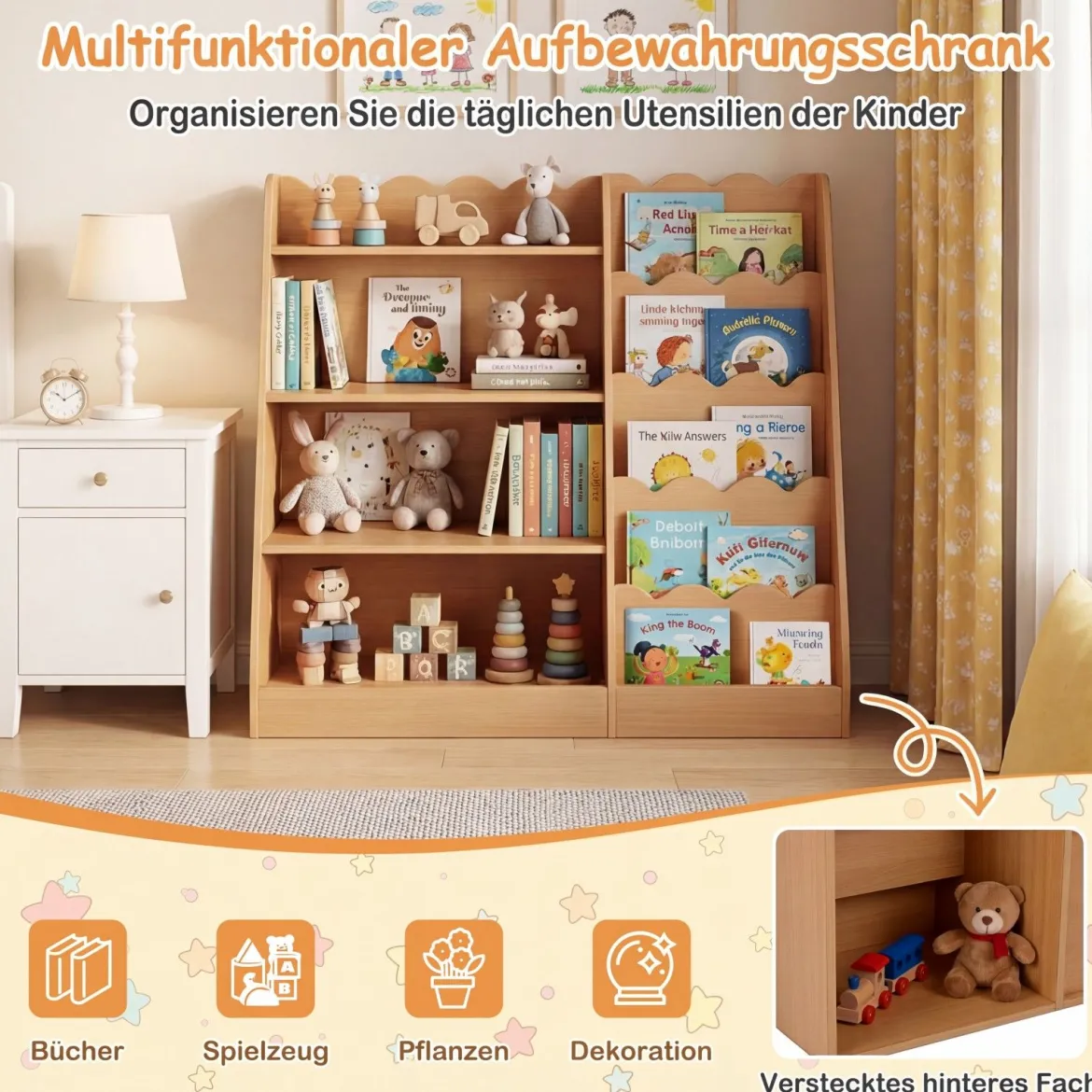 Kinder Bücherregal mit 4 Offenen Ablagen & Versteckem Ablagefach Holz Kinderregal Natur