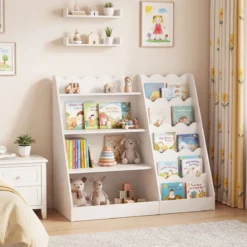 Kinder Bücherregal mit 4 Offenen Ablagen & Versteckem Ablagefach Holz Kinderregal Weiß