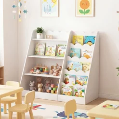 Kinder Bücherregal mit 4 Offenen Ablagen & Versteckem Ablagefach Holz Kinderregal Weiß