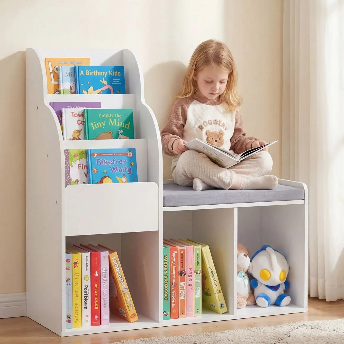 Kinder Bücherregal mit Sitzbank & 3 Ablagen & 3 Fächern & Versteckem Staufach Kinderregal