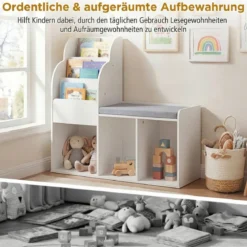 Kinder Bücherregal mit Sitzbank & 3 Ablagen & 3 Fächern & Versteckem Staufach Kinderregal