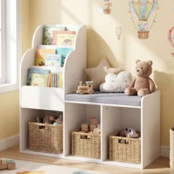 Kinder Bücherregal mit Sitzbank & 3 Ablagen & 3 Fächern & Versteckem Staufach Kinderregal
