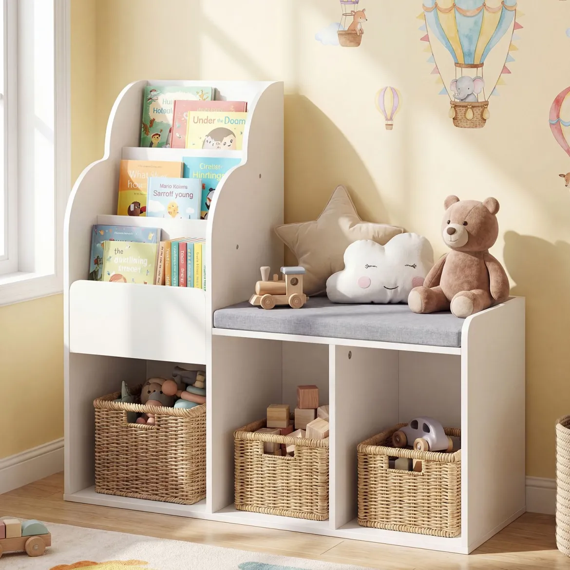 Kinder Bücherregal mit Sitzbank & 3 Ablagen & 3 Fächern & Versteckem Staufach Kinderregal