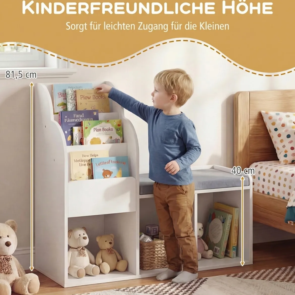 Kinder Bücherregal mit Sitzbank & 3 Ablagen & 3 Fächern & Versteckem Staufach Kinderregal