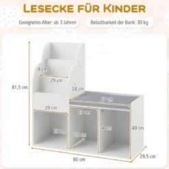 Kinder Bücherregal mit Sitzbank & 3 Ablagen & 3 Fächern & Versteckem Staufach Kinderregal