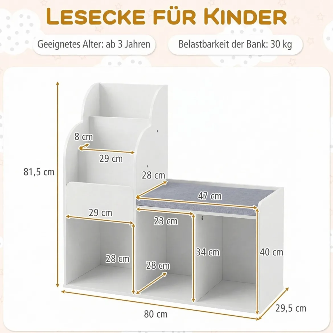Kinder Bücherregal mit Sitzbank & 3 Ablagen & 3 Fächern & Versteckem Staufach Kinderregal
