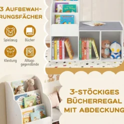 Kinder Bücherregal mit Sitzbank & 3 Ablagen & 3 Fächern & Versteckem Staufach Kinderregal