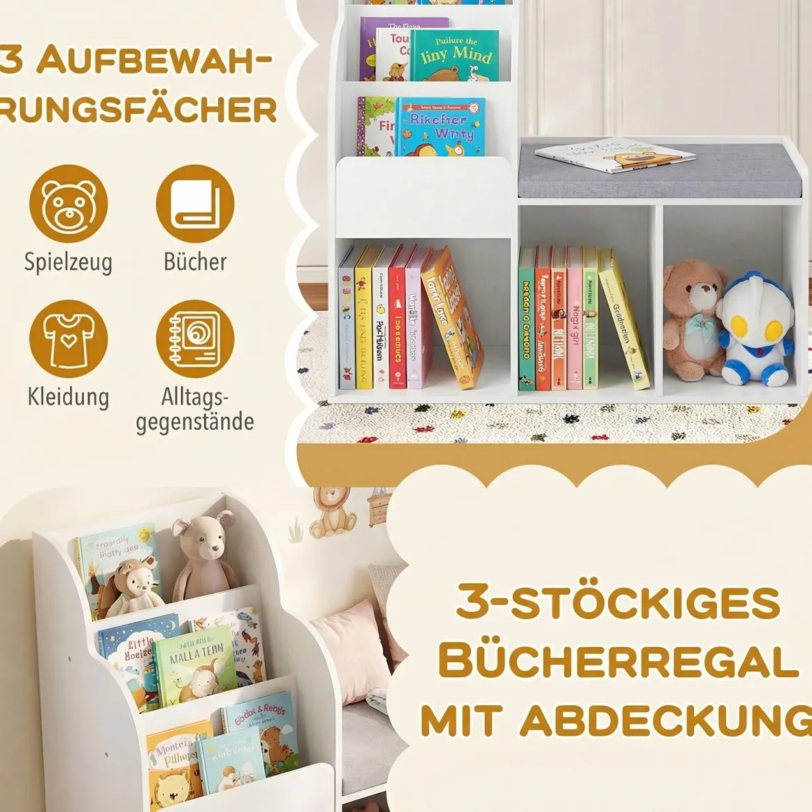 Kinder Bücherregal mit Sitzbank & 3 Ablagen & 3 Fächern & Versteckem Staufach Kinderregal