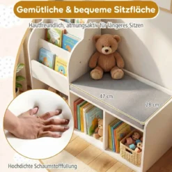 Kinder Bücherregal mit Sitzbank & 3 Ablagen & 3 Fächern & Versteckem Staufach Kinderregal