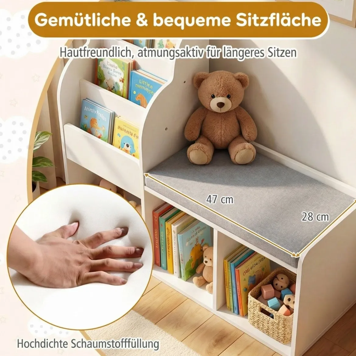 Kinder Bücherregal mit Sitzbank & 3 Ablagen & 3 Fächern & Versteckem Staufach Kinderregal