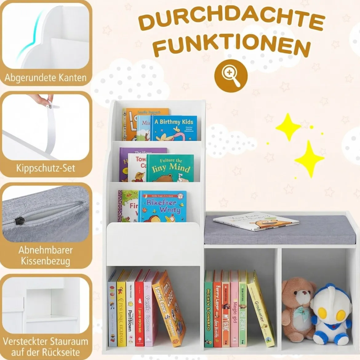 Kinder Bücherregal mit Sitzbank & 3 Ablagen & 3 Fächern & Versteckem Staufach Kinderregal