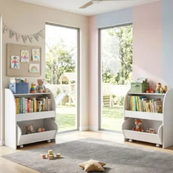 Kinder Bücherregal Spielzeugregal mit Rollbarer Schublade aus Holz mit 2 Offenen Fächern Weiß