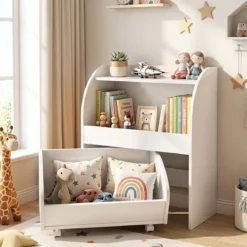 Kinder Bücherregal Spielzeugregal mit Rollbarer Schublade aus Holz mit 2 Offenen Fächern Weiß