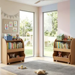 Kinder Bücherregal Spielzeugregal mit Rollbarer Schublade aus Holz mit 2 Offenen Fächern Natur
