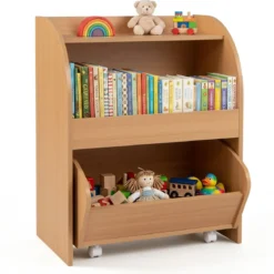 Kinder Bücherregal Spielzeugregal mit Rollbarer Schublade aus Holz mit 2 Offenen Fächern Natur